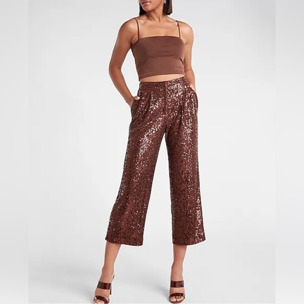 EXPRESS High Waisted Sequin Pleated Cropped Trouser Pant in Brown Size L NWT